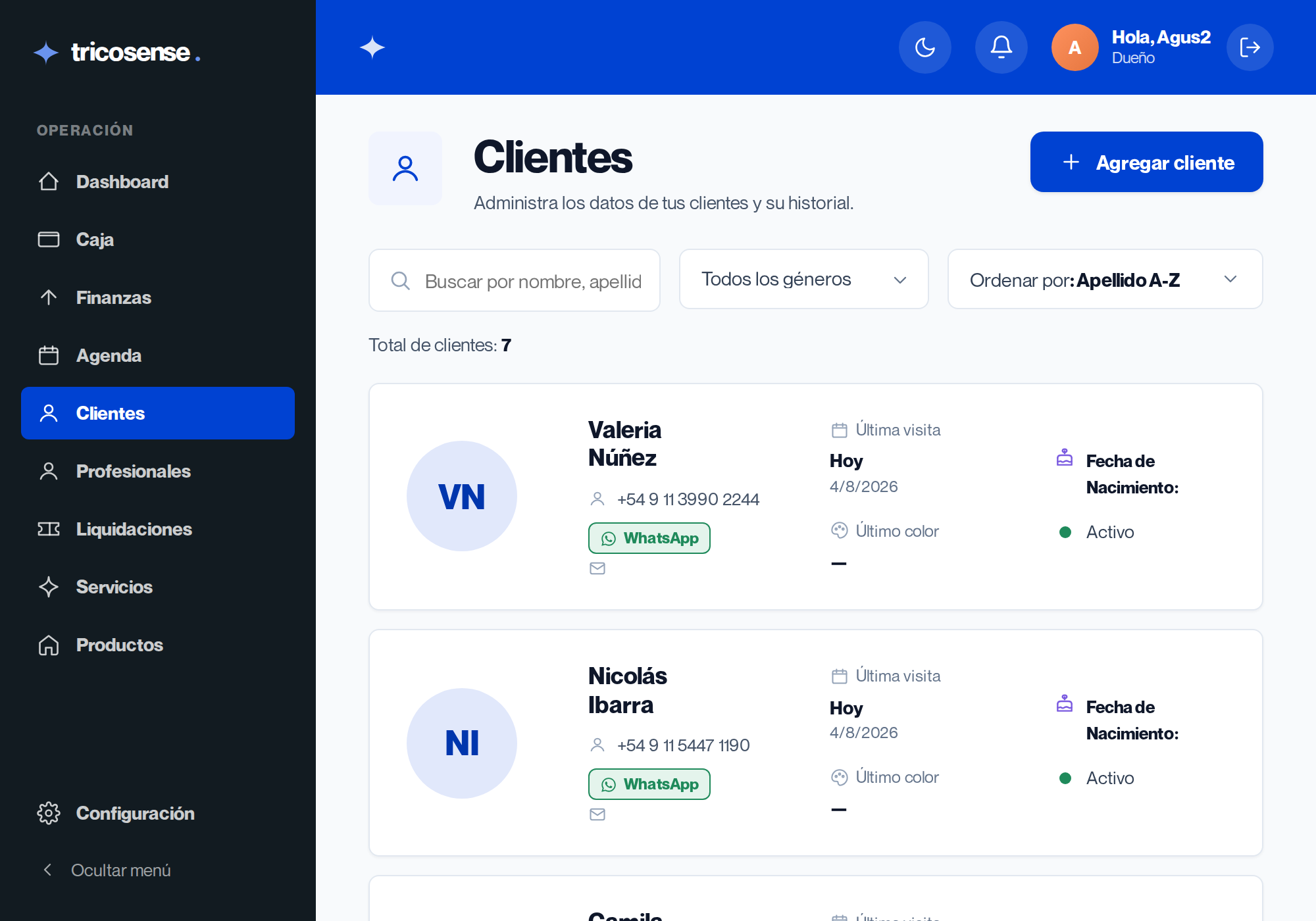 Listado de clientes con última visita y contacto